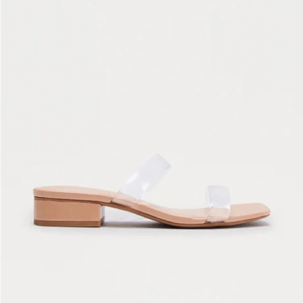 Soda Clear Strap Tan Block Heel Sandals - Picture 2 of 4